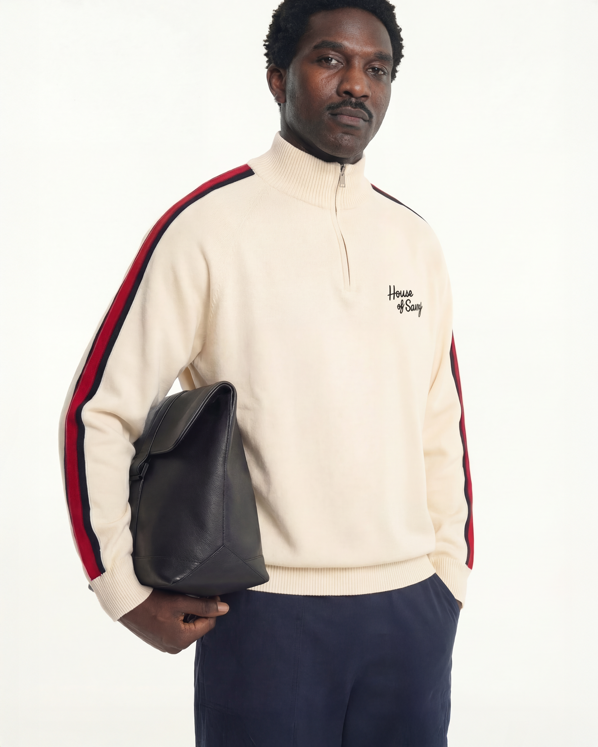 House of Savoj Striped Half-Zip Knit Sweater - Ivory White