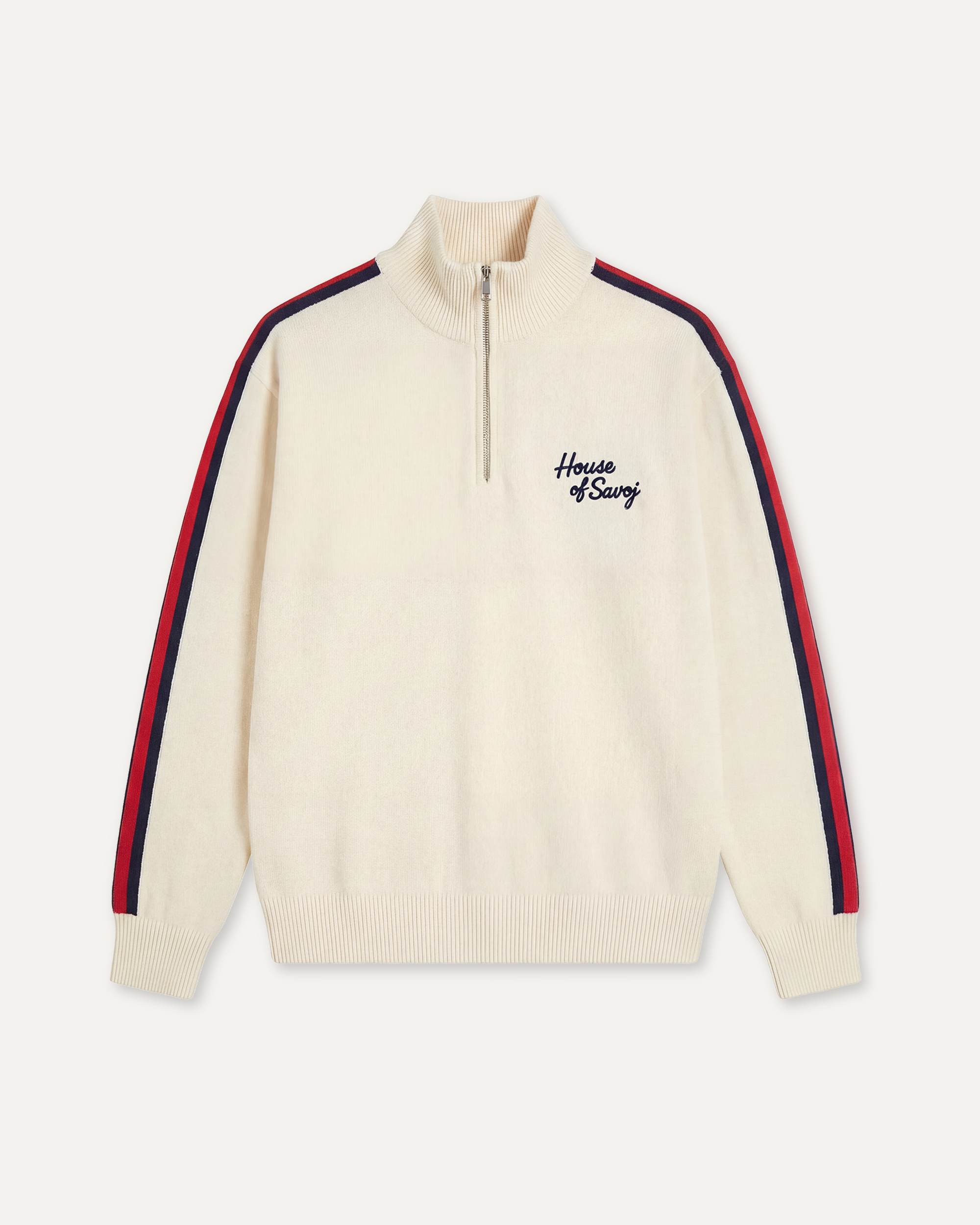 House of Savoj Striped Half-Zip Knit Sweater - Ivory White