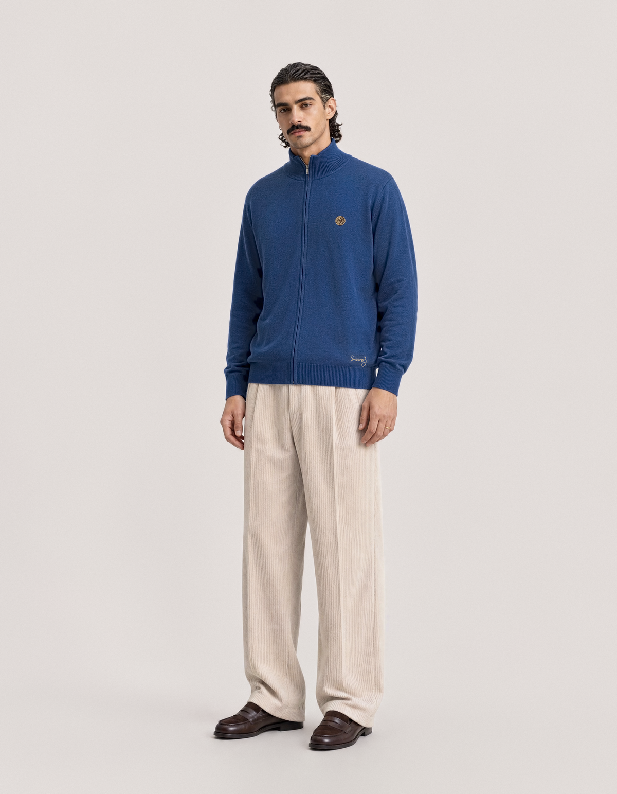House of Savoj Emblem Merino Full-Zip Cardigan - Ocean Blue