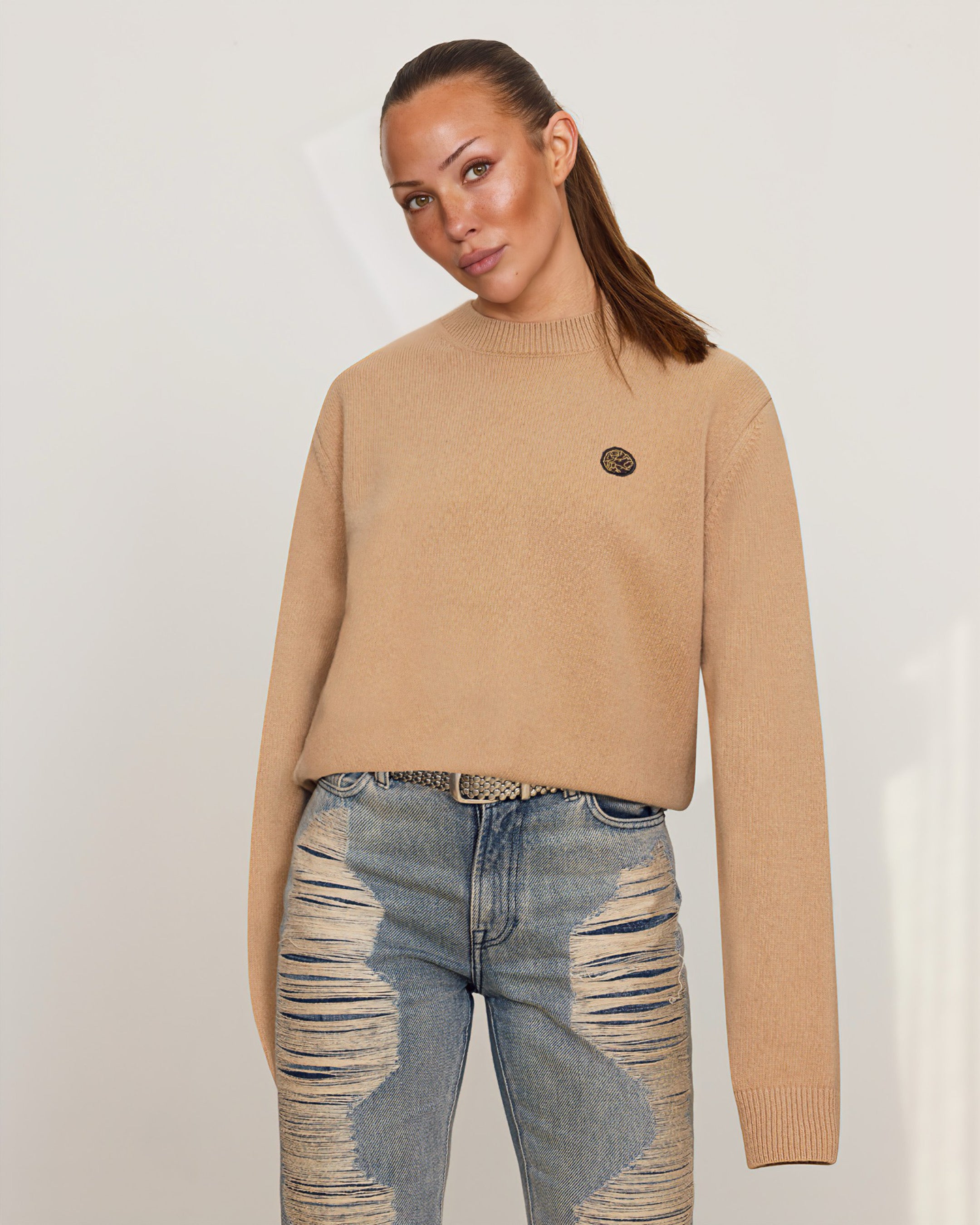 Savoj unisex camel beige virgin wool sweater front view with embroidered emblem