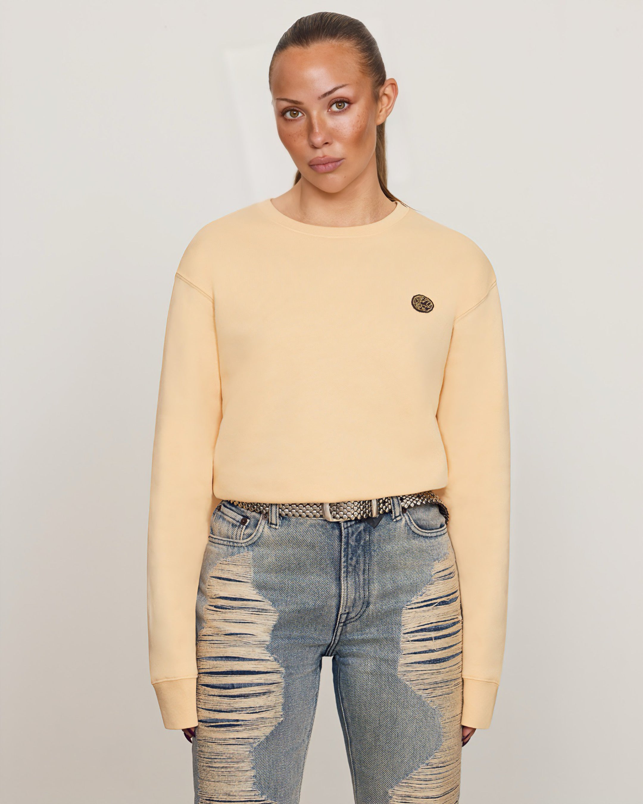 Unisex Savoj Emblem Patch Comfort Sweatshirt in Soft Apricot – Front View Worn by Model