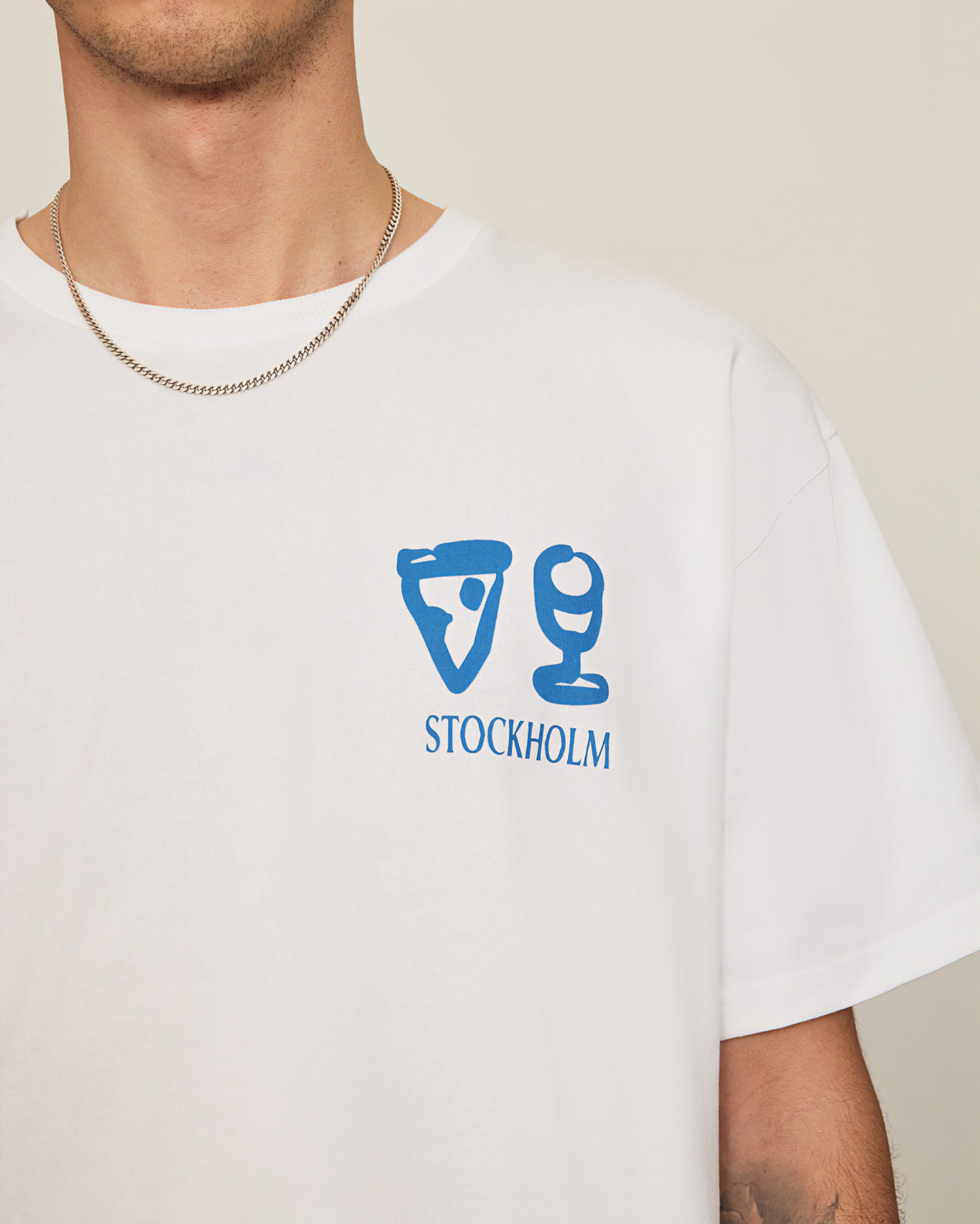 Unisex Savoj Pizzeria Oversize Tee – Front Detail with Stockholm Symbols, Crisp White