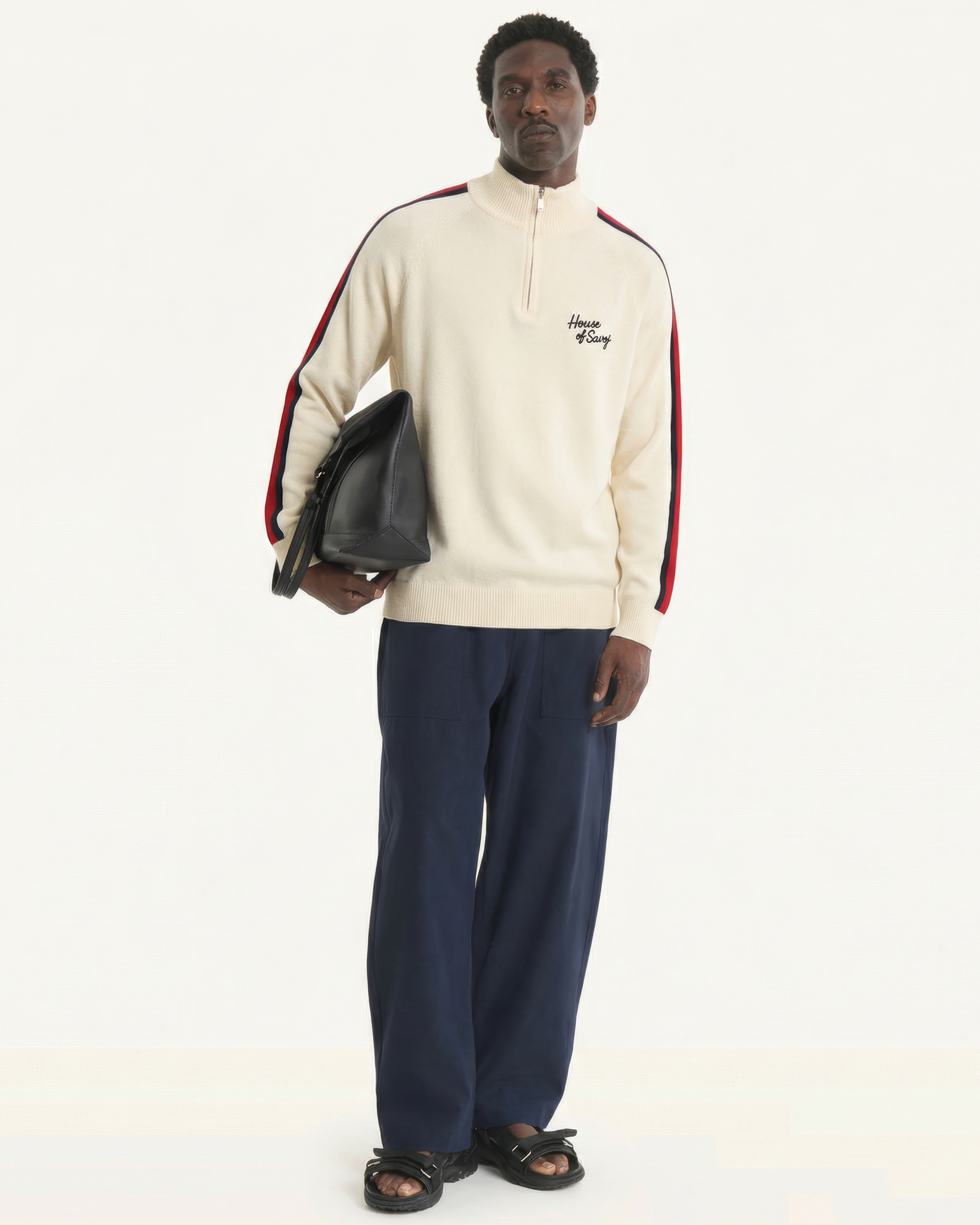 House of Savoj Striped Half-Zip Knit Sweater - Ivory White