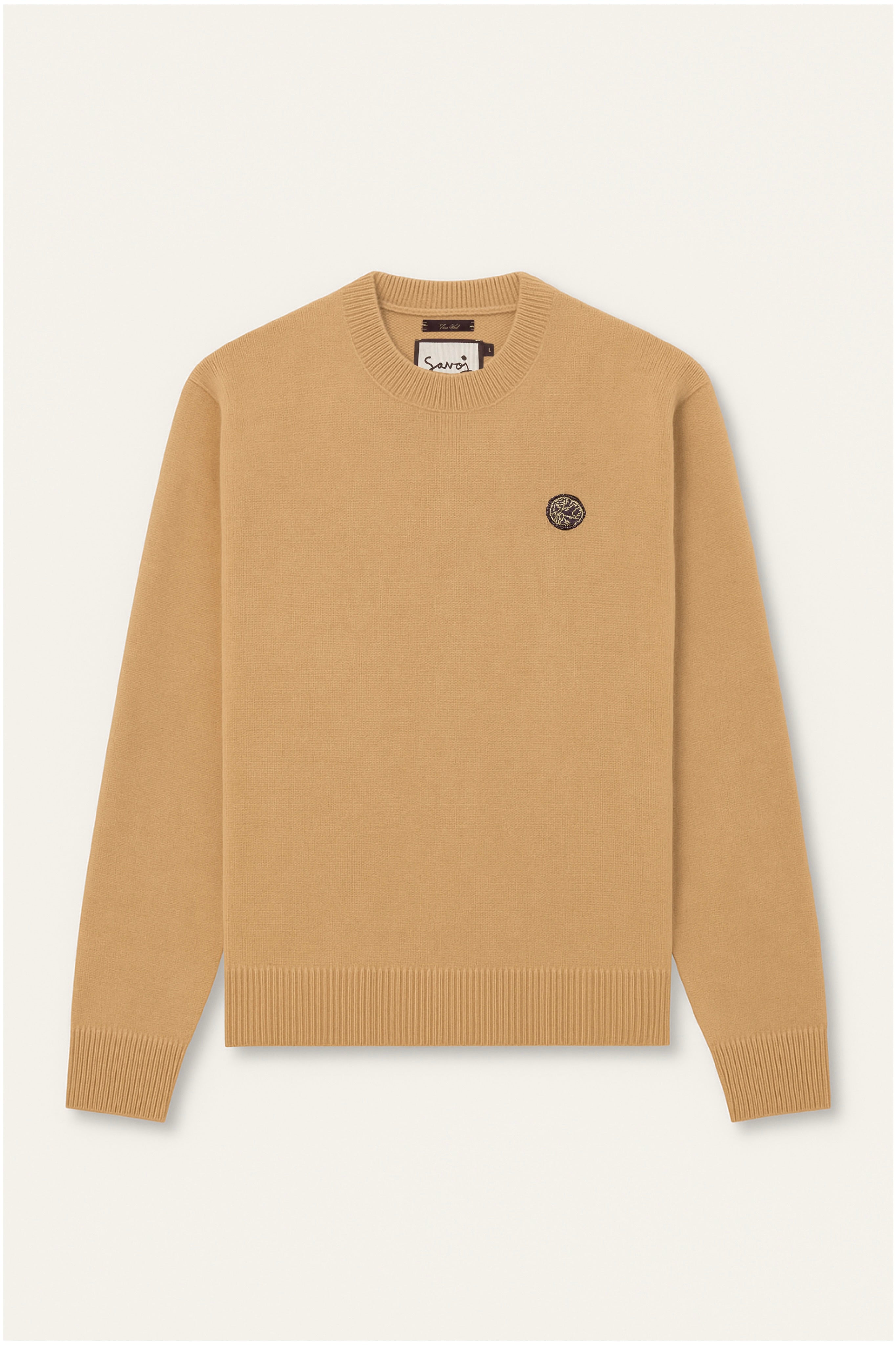Savoj unisex virgin Moroccan wool sweater front view camel beige emblem