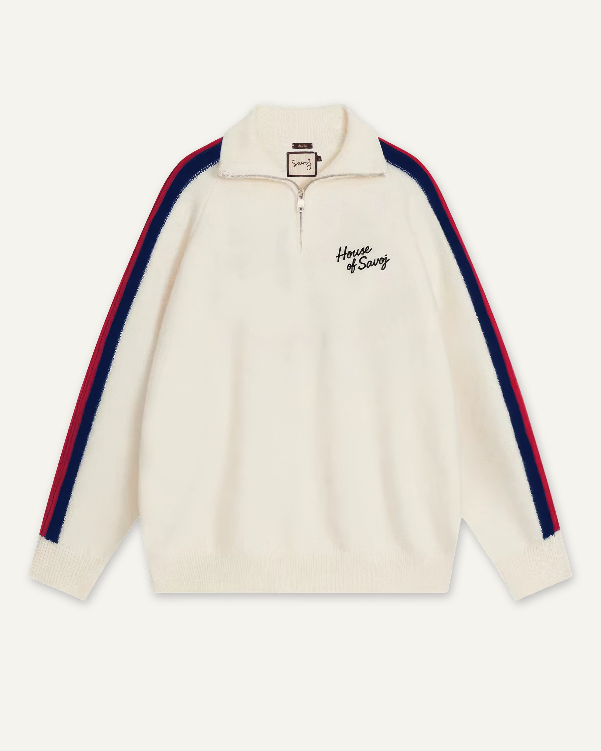 House of Savoj Striped Half-Zip Knit Sweater - Ivory White