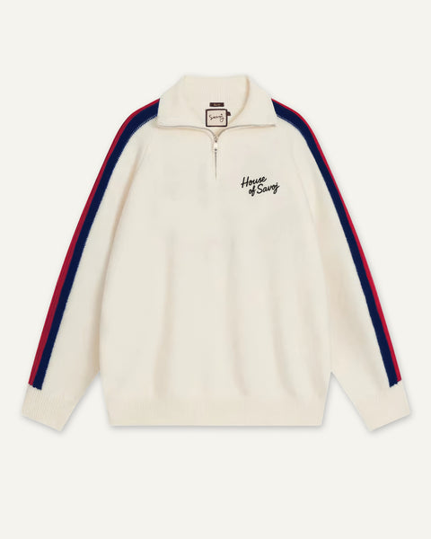 House of Savoj Striped Half-Zip Knit Sweater - Ivory White